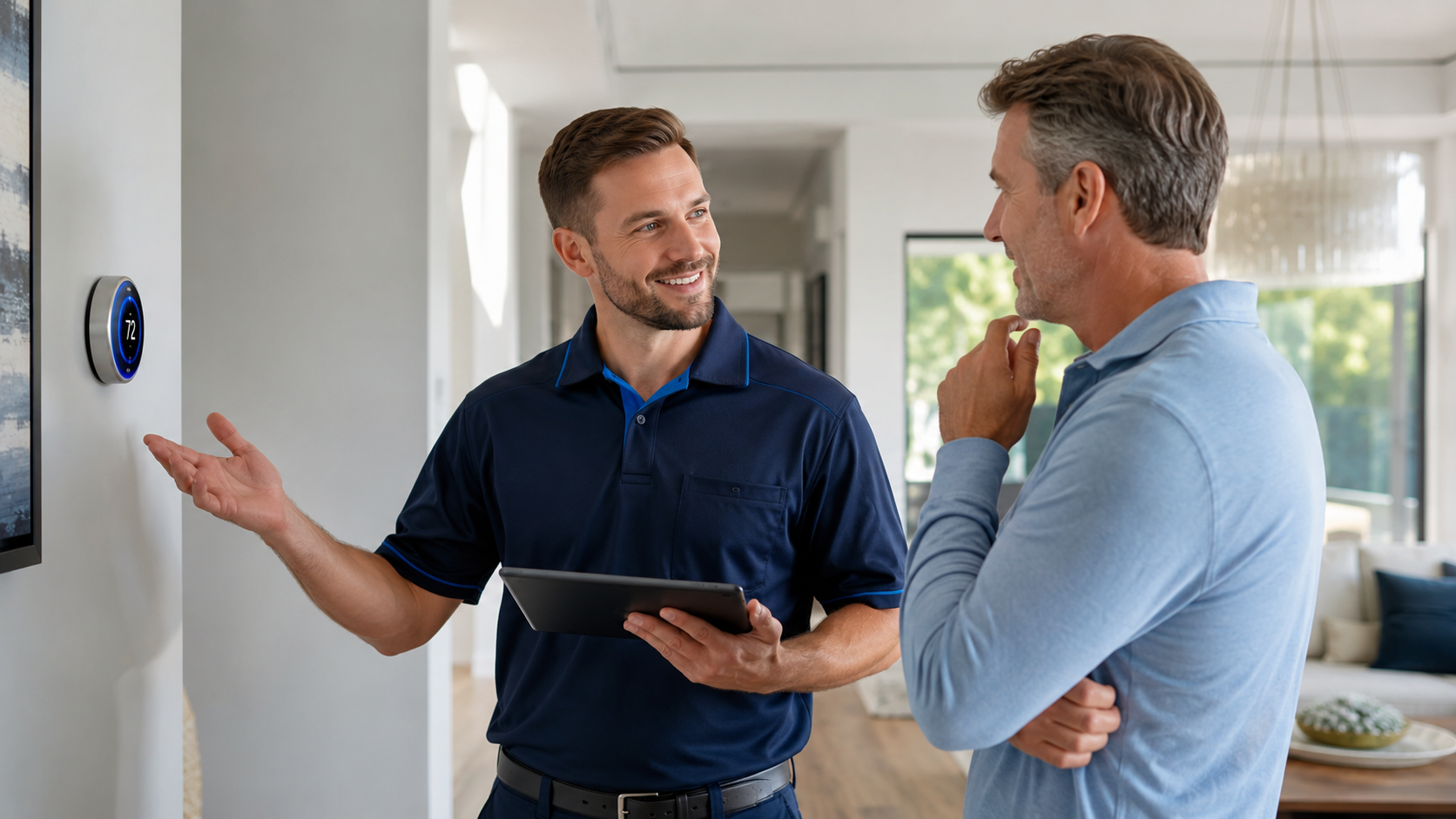 Summit Air & Heat technician explaining thermostat options to a homeowner